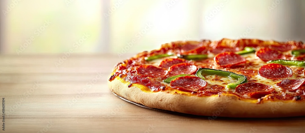 Poster Delicious pizza featuring salami and green peppers along with a table image. with copy space image. Place for adding text or design