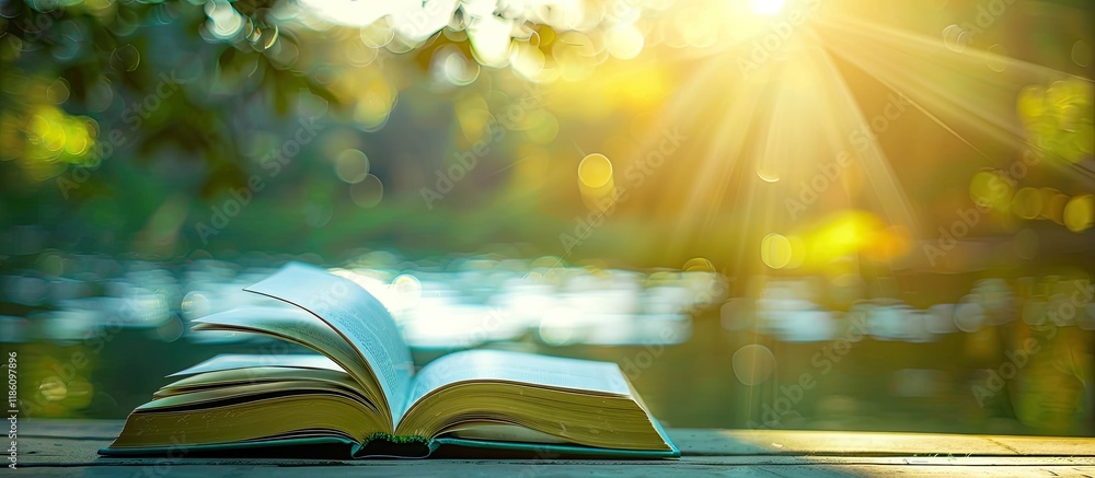Aufkleber Open books with a blurred nature background. with copy space image. Place for adding text or design