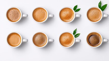 A photostock of freshly brewed espresso in small white cups, arranged symmetrically on a clean white background, bold and rich, High Quality