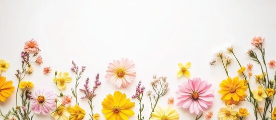 Delicate yellow and pink flowers of spring and summer on a light backdrop Concept of nature and minimalism Top view flat lay. with copy space image. Place for adding text or design