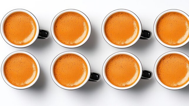 A photostock of freshly brewed espresso in small white cups, arranged symmetrically on a clean white background, bold and rich, High Quality