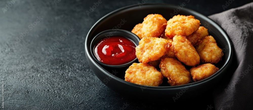 Fototapete chicken nuggets served with ketchup sauce. with copy space image. place for adding text or design
