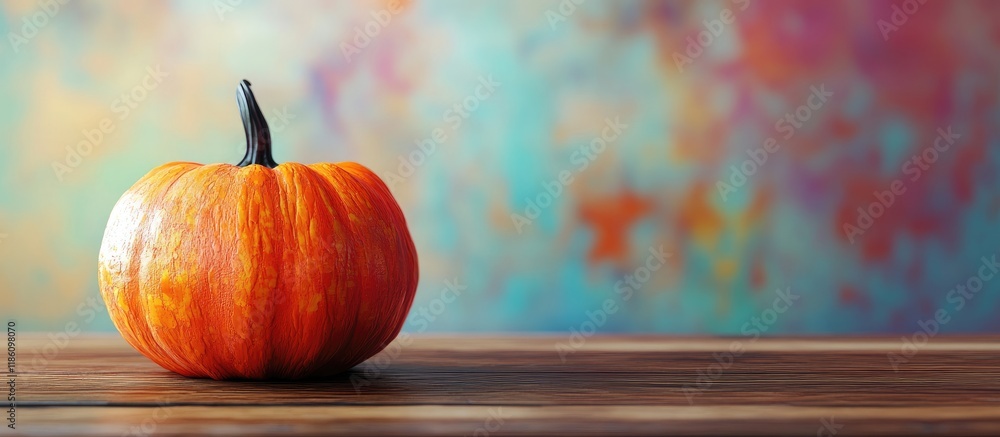 Aufkleber halloween pumpkin on a wooden table with a colorful background. with copy space image. place for add