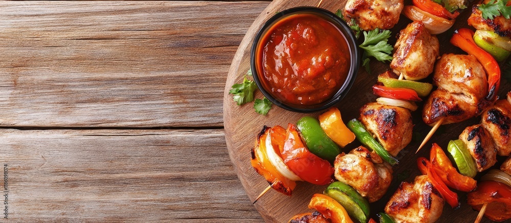Poster tasty chicken shish kebabs with vegetables and sauce on a wooden table top view copyspace available