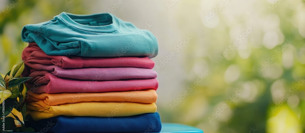 Poster stack vibrant clothing a pile of neatly folded cotton shirts on a colorful table with space availabl