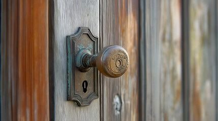 Obraz premium Vintage Wooden Door with Antique Metal Knob: Rustic Entryway Featuring Retro Design and Ornate Hardware, Adding Classic Charm and Craftsmanship to Home Entrance