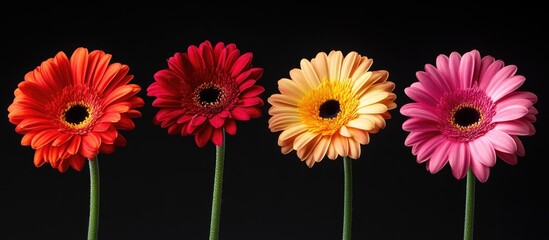 Blooming four gerbera blossoms on a black background. with copy space image. Place for adding text or design