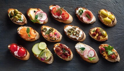 Mixed crostini appetizers with a variety of toppings. Top view on a dark slate background. Party food concept