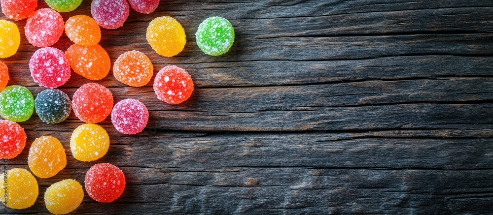 Leinwandbilder vibrant candies on a wooden surface top view. with copy space image. place for adding text or design