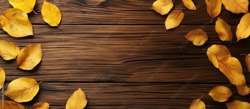 Poster autumn yellow leaves on a wooden background. with copy space image. place for adding text or design