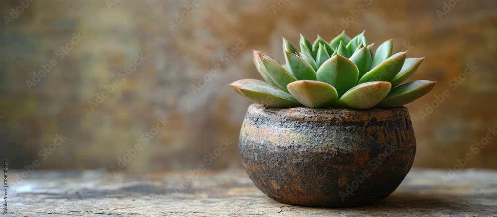Poster a small succulent plant on a rustic background selective focus shallow depth of field. with copy spa