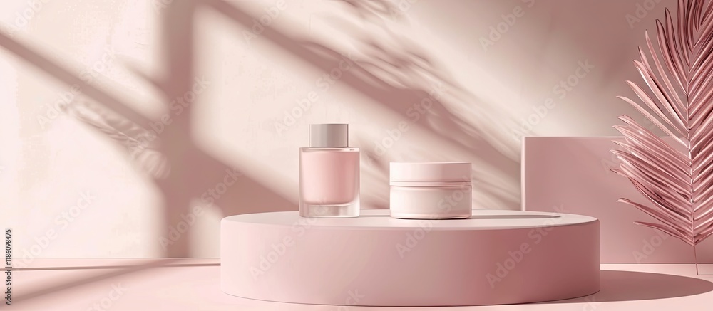 Poster Blank cosmetic mockup displayed on a round platform. with copy space image. Place for adding text or design