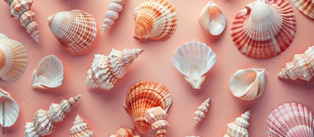 Poster Summer theme featuring seashells from an overhead perspective flat lay. with copy space image. Place for adding text or design