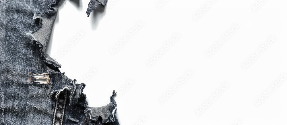 Poster close up of a hole in black jeans torn denim texture with blank space for text mockup isolated on a 