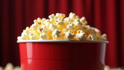 Closeup of freshly popped popcorn in a red container against a maroon backdrop