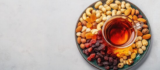 Plate of assorted nuts and dried fruits accompanied by a glass cup of tea Ramadan theme Top view flat lay. with copy space image. Place for adding text or design