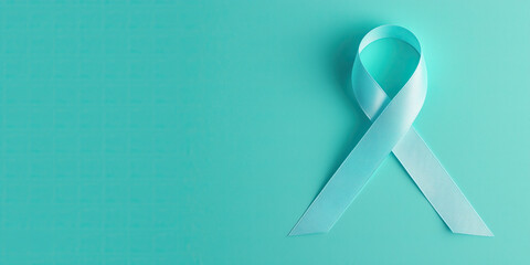 Teal ribbon awareness symbol on turquoise background, representing support