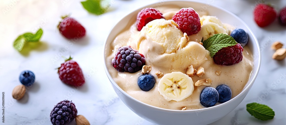Fototapete dairy free banana ice cream or a vegan smoothie bowl topped with berries and peanut butter on a whit