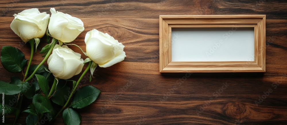 Poster valentine s day theme featuring lovely white roses and a wooden photo frame on a natural wooden back