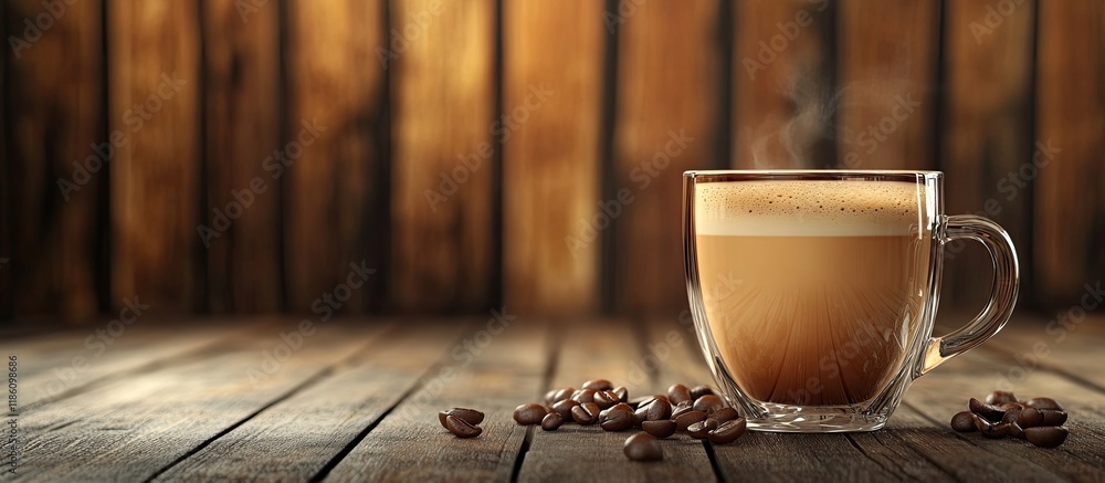 Poster coffee a glass coffee cup on a wooden surface vintage style. with copy space image. place for adding