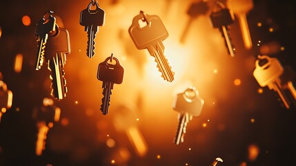 A collection of house keys with metallic surfaces floating in mid-air against a glowing backdrop 