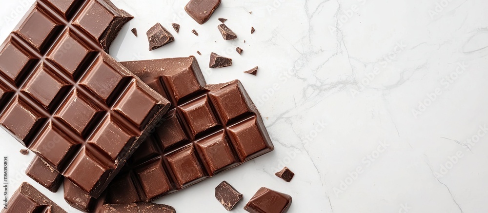 Aufkleber variety of delicious chocolate bars on a white tiled table top view copyspace available