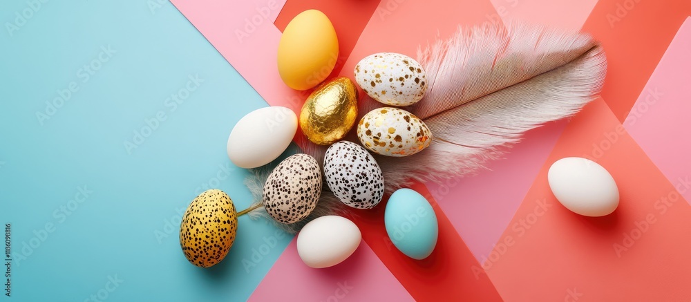 Aufkleber quail eggs in various colors alongside white gold and silver candies are placed on a large feather s