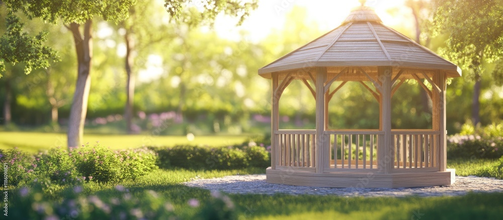Fototapete gazebo in a natural setting background with selective focus and copyspace for text