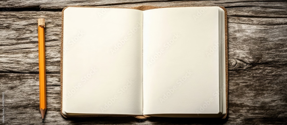 Aufkleber Top view of a blank notebook page with a pencil on a wooden surface. with copy space image. Place for adding text or design