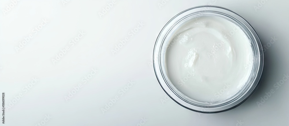 Poster Shower cream in a petri dish with a plastic lid on a white lab table Chemical component for cosmetic and toiletry products Top View. with copy space image. Place for adding text or design