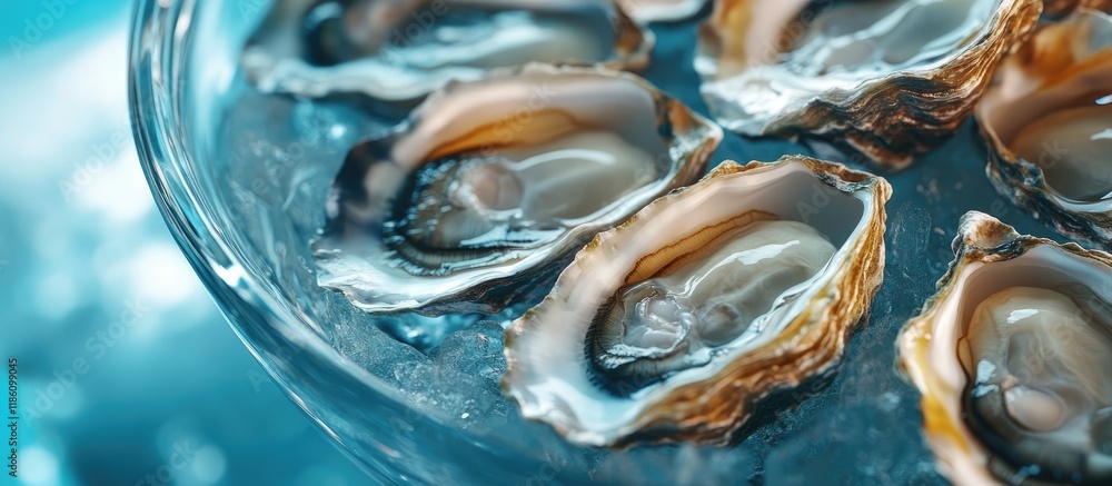 Poster close up of a bowl filled with oysters. with copy space image. place for adding text or design