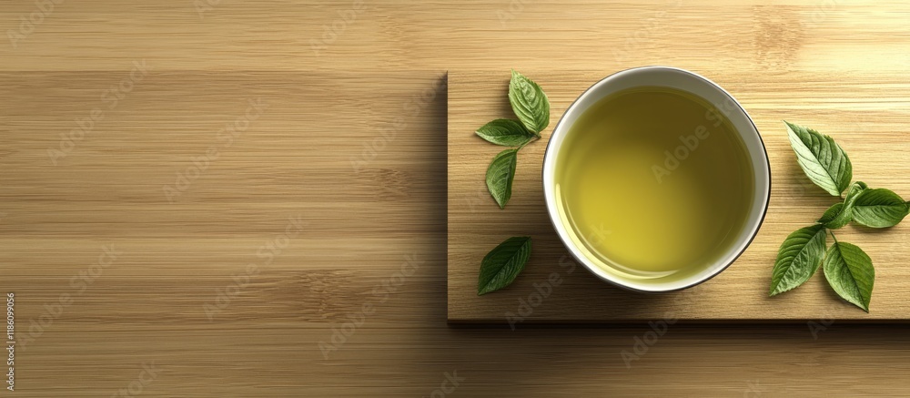 Poster Aromatic antioxidant green tea on a wooden board set against a plain background. with copy space image. Place for adding text or design