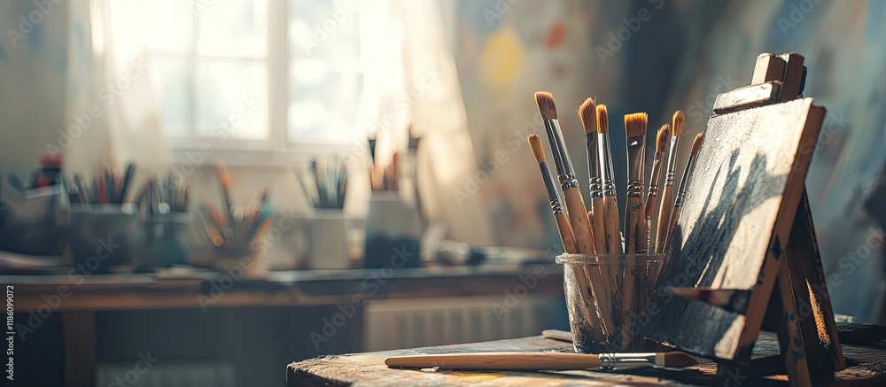 Poster artist brushes are placed on a wooden board with the artist s working environment serving as the bac