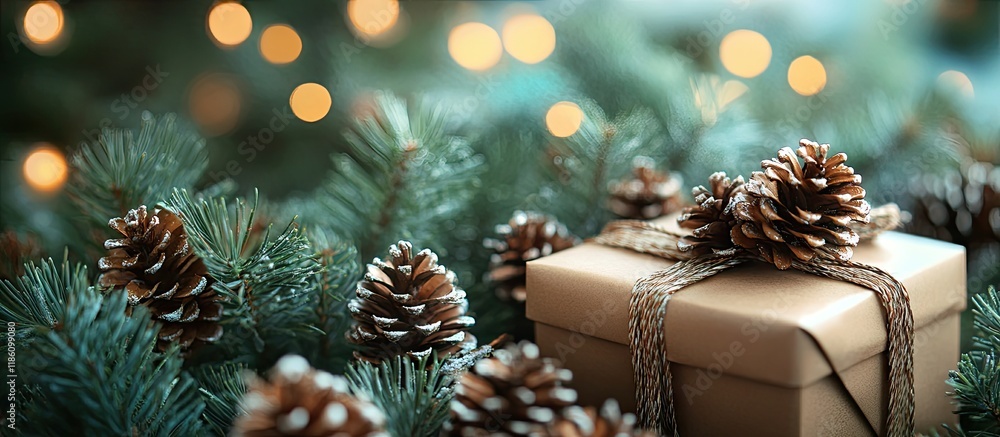 Fototapete christmas background close up of a gift box and fir cones on fir tree branches. with copy space imag