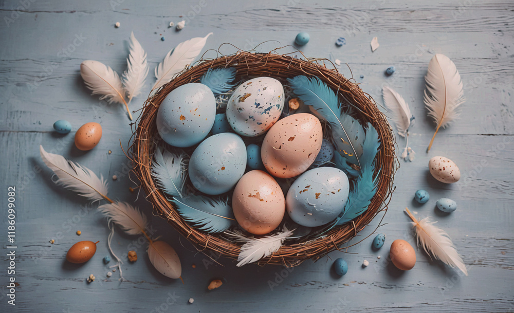 Poster basket of eggs with a blue and white basket. there are also some feathers on the table