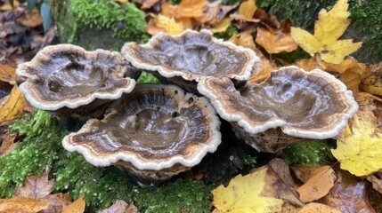 Shelves of Fungi on Moss with Autumn Leaves in Natural Setting