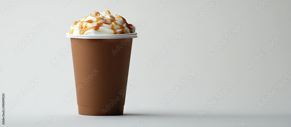 Poster Close up of a plastic cup filled with hot cappuccino coffee topped with caramel foam set against a white background Mock up. with copy space image. Place for adding text or design
