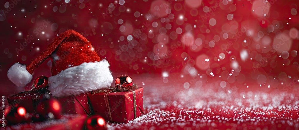 Poster santa hats and christmas gifts on a red background with sparkles blurred effect close up copy space