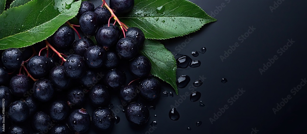 Aufkleber homegrown aronia berries with leaves freshly harvested. with copy space image. place for adding text