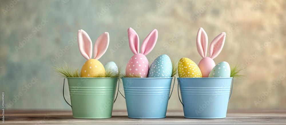 Leinwandbilder Easter eggs with rabbit ears in colorful buckets selective focus image card wishing a Happy Easter. with copy space image. Place for adding text or design