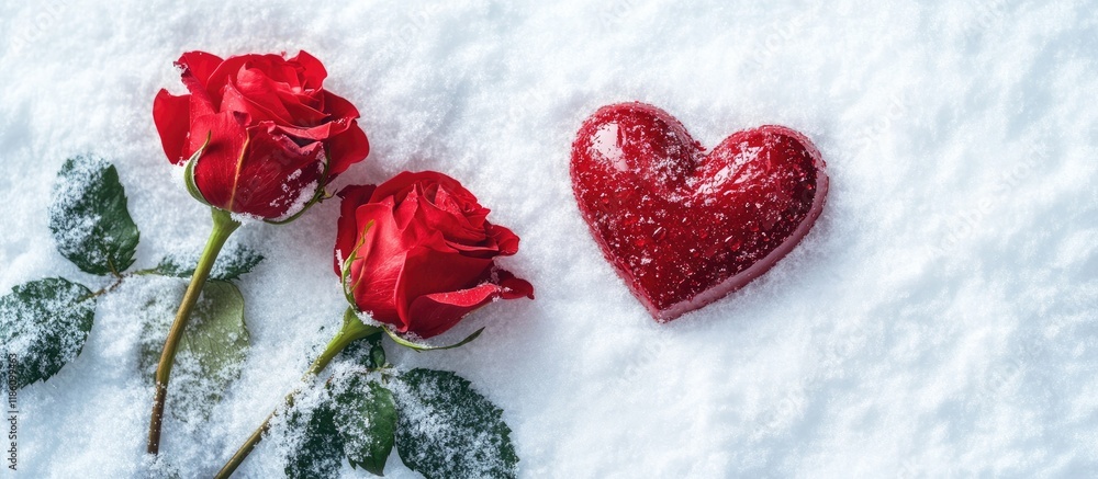 Fototapete Red roses and a heart in the snow on a white backdrop St Valentine greeting card Space for text. with copy space image. Place for adding text or design