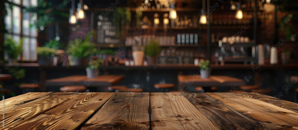 Poster Selected focus on an empty brown wooden table with a blurred coffee shop background. with copy space image. Place for adding text or design