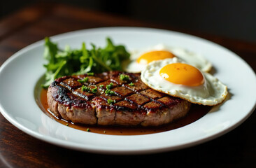 Grilled steak with sauce and a fried egg on a white plate, with a branch of greens on the steak.
