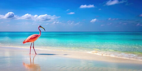 Pink wading bird standing alone on white sandy beach with calm turquoise water in background , nature, landscape