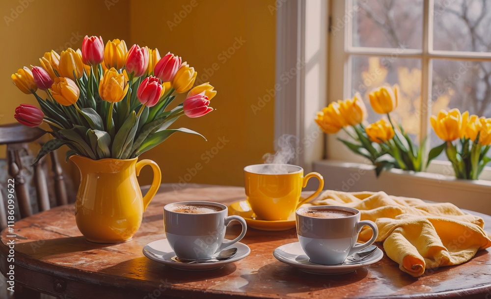 Poster Two cups of coffee on a table with a yellow cloth. There are also two vases of tulips on the table