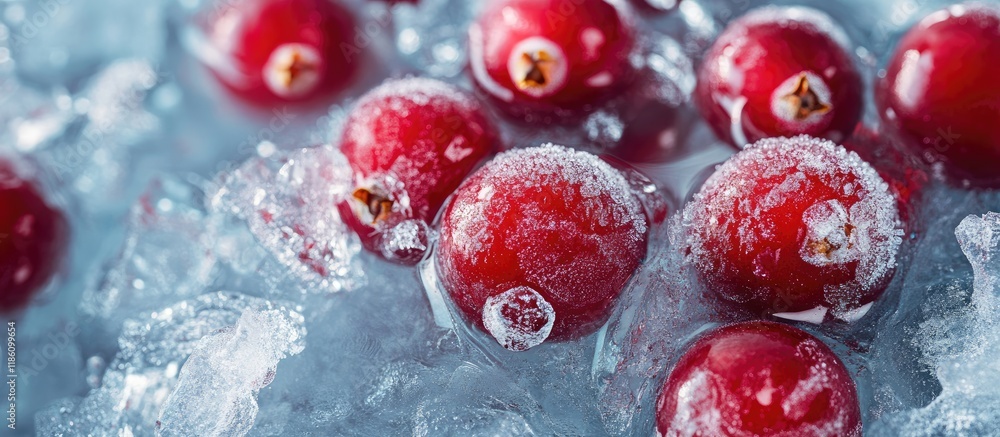 Poster frozen red berries cranberries in ice macro view copy space