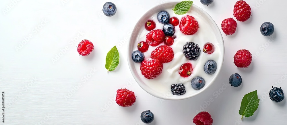 Aufkleber bowl of yogurt topped with wild berries and fruit on a white background. with copy space image. plac