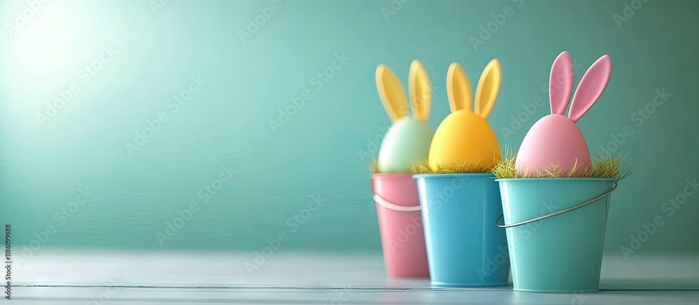 Leinwandbilder Easter eggs with rabbit ears in colorful buckets selective focus image card wishing a Happy Easter. with copy space image. Place for adding text or design