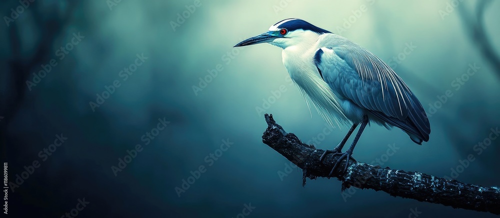 Aufkleber night heron perched on a branch bird featuring red eyes. with copy space image. place for adding tex
