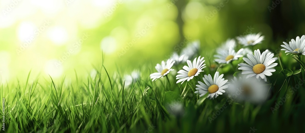 Aufkleber close up of wild daisy flowers among green grass. with copy space image. place for adding text or de